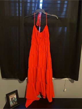 Red Tiered Midi Dress with Halter Neck